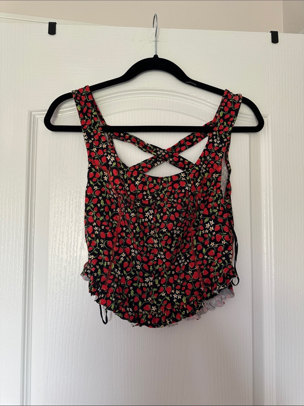 Free People Black Strawberry Print Crisscross Crop Tank